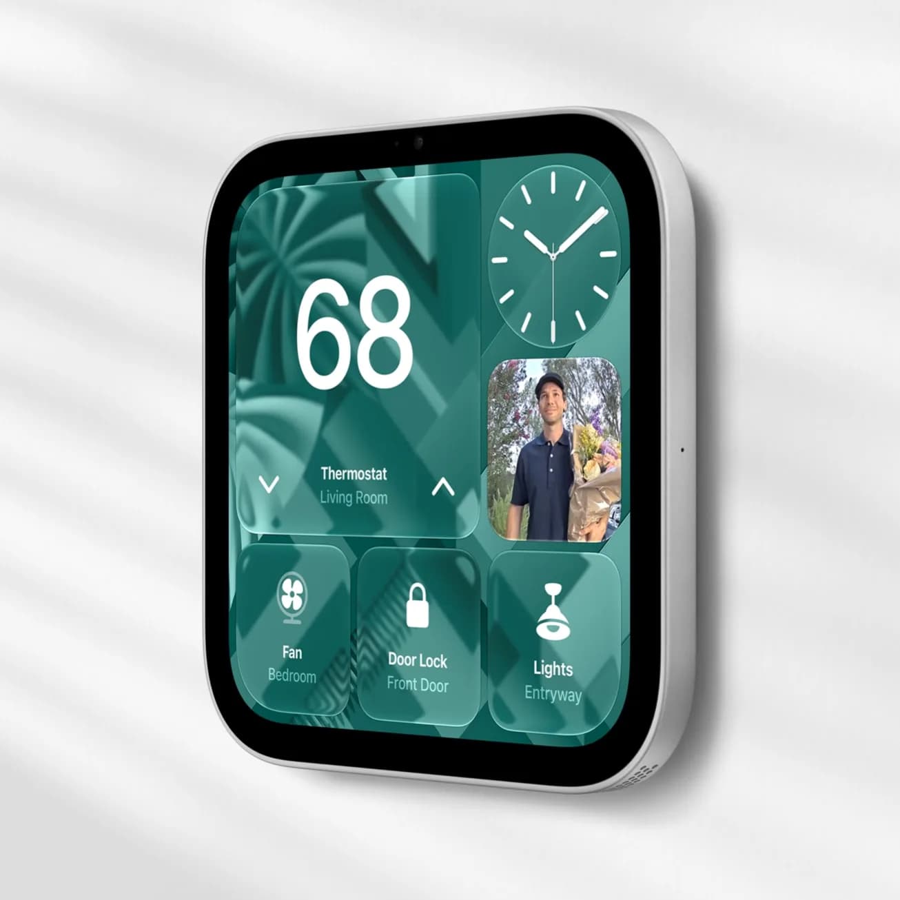 Apple HomeView'ın duvara monte modeli akıllı ev kontrollerini gösteriyor