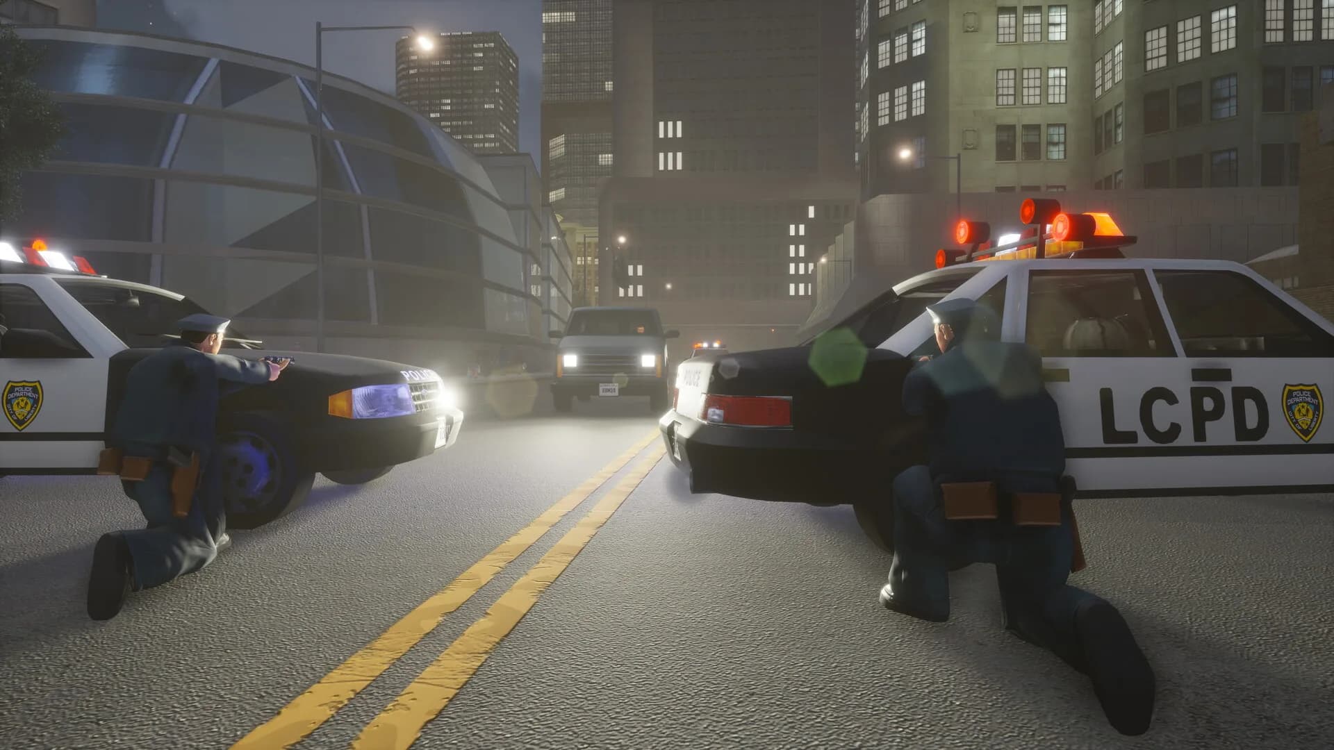 GTA III'te Liberty City polisleri araçlarının arkasına siper almış ateş ediyor