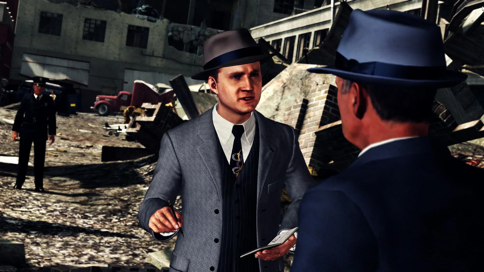 L.A. Noire'da dedektif Cole Phelps bir tanıkla konuşuyor, yüz ifadeleri MotionScan ile kaydedilmiş