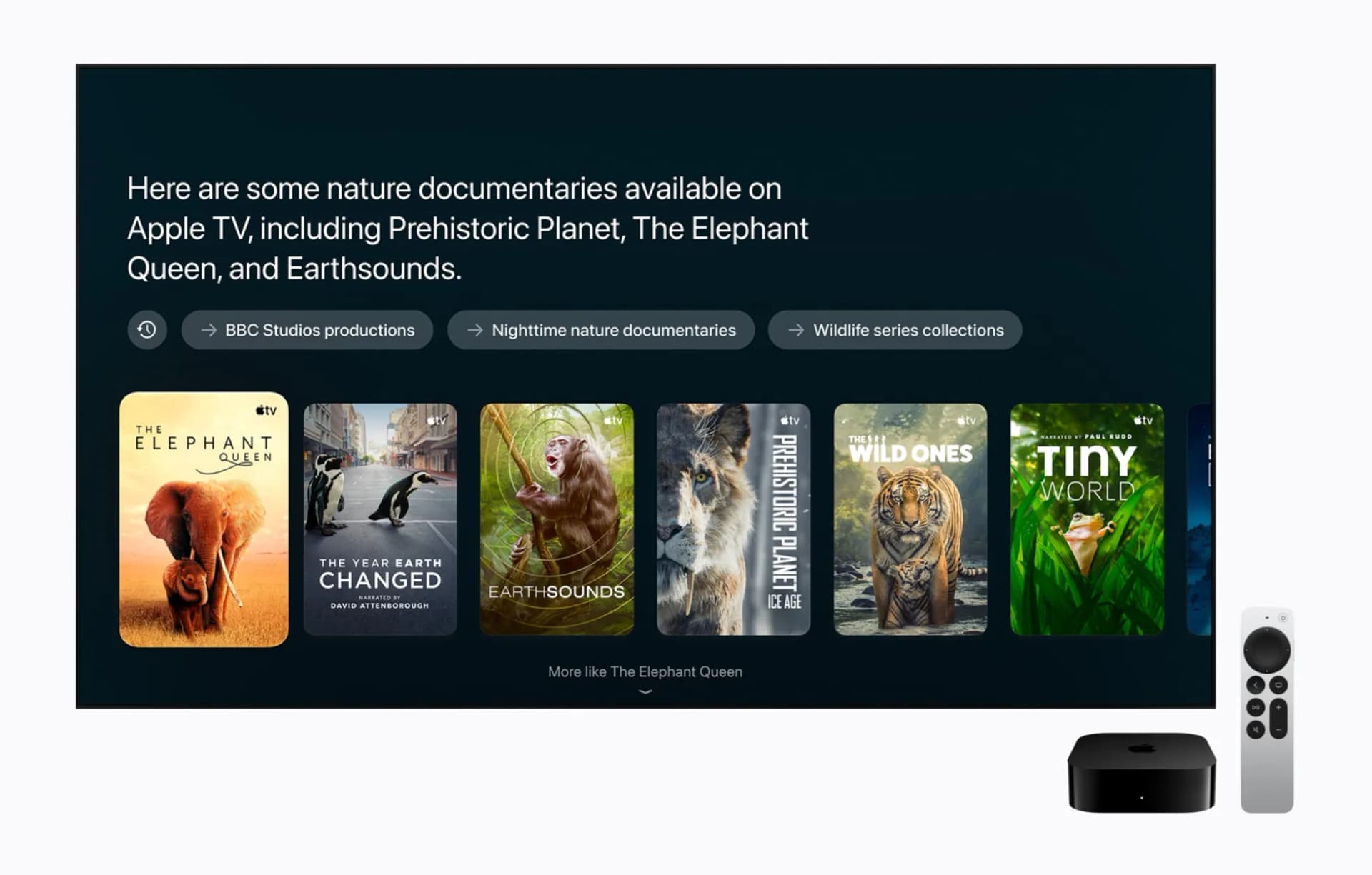 Apple TV 4K'da Siri AI'ın tam ekran belgesel önerileri