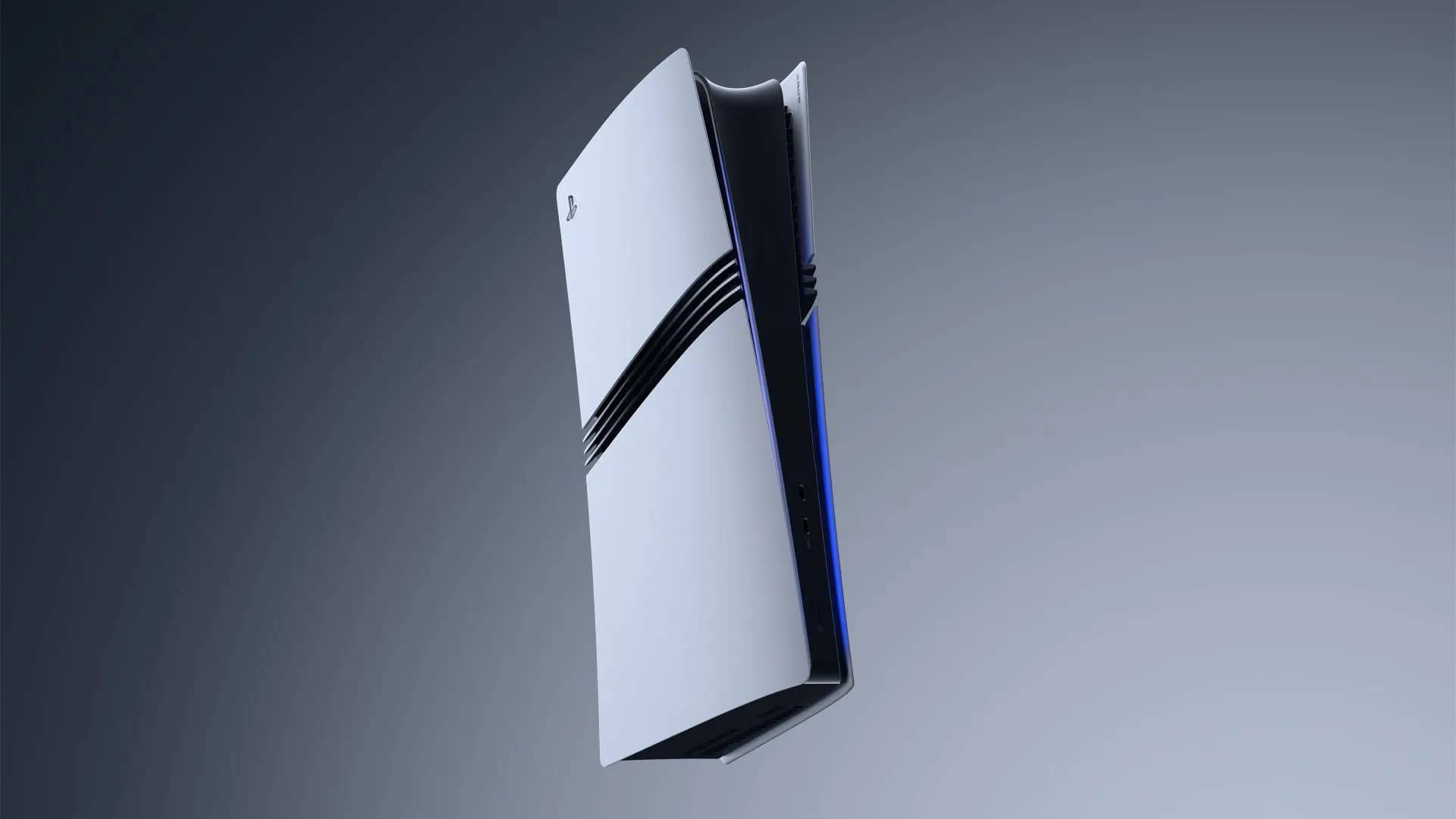 Sony'nin resmî görselinde beyaz PS5 Pro konsolu gri arka plan önünde